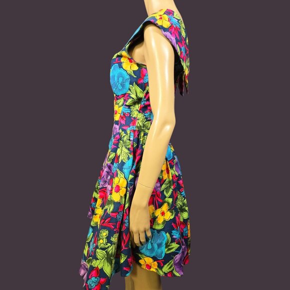 Vintage 80s Floral Swing Dress Size M Crinoline Fit Flare Summer Party Prom - Picture 7 of 12